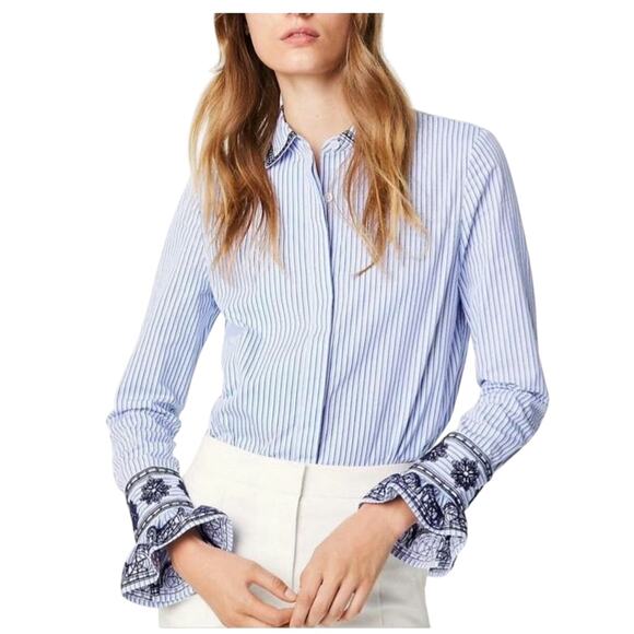 Tory‎ Burch Paige Embroidered Blue & White Striped Bell Sleeve Button Down Top 8 - Picture 1 of 11